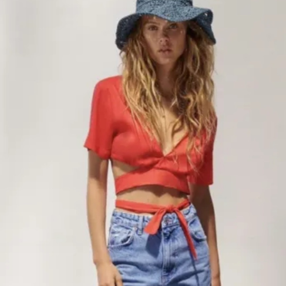 Zara crop top waist tie linen shirt blouse short sleeve